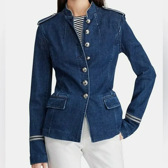 LAUREN RALPH LAUREN Sz8 MILITARY-INSPIRED OFFICER STRETCH DENIM JACKET - Picture 3 of 13